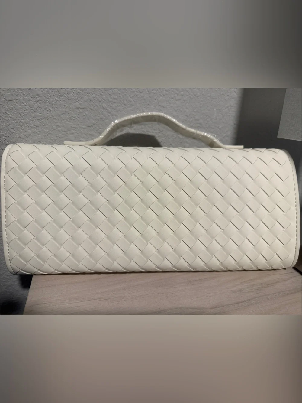 Cream Woven Leather Clutch with Shoulder Strap
